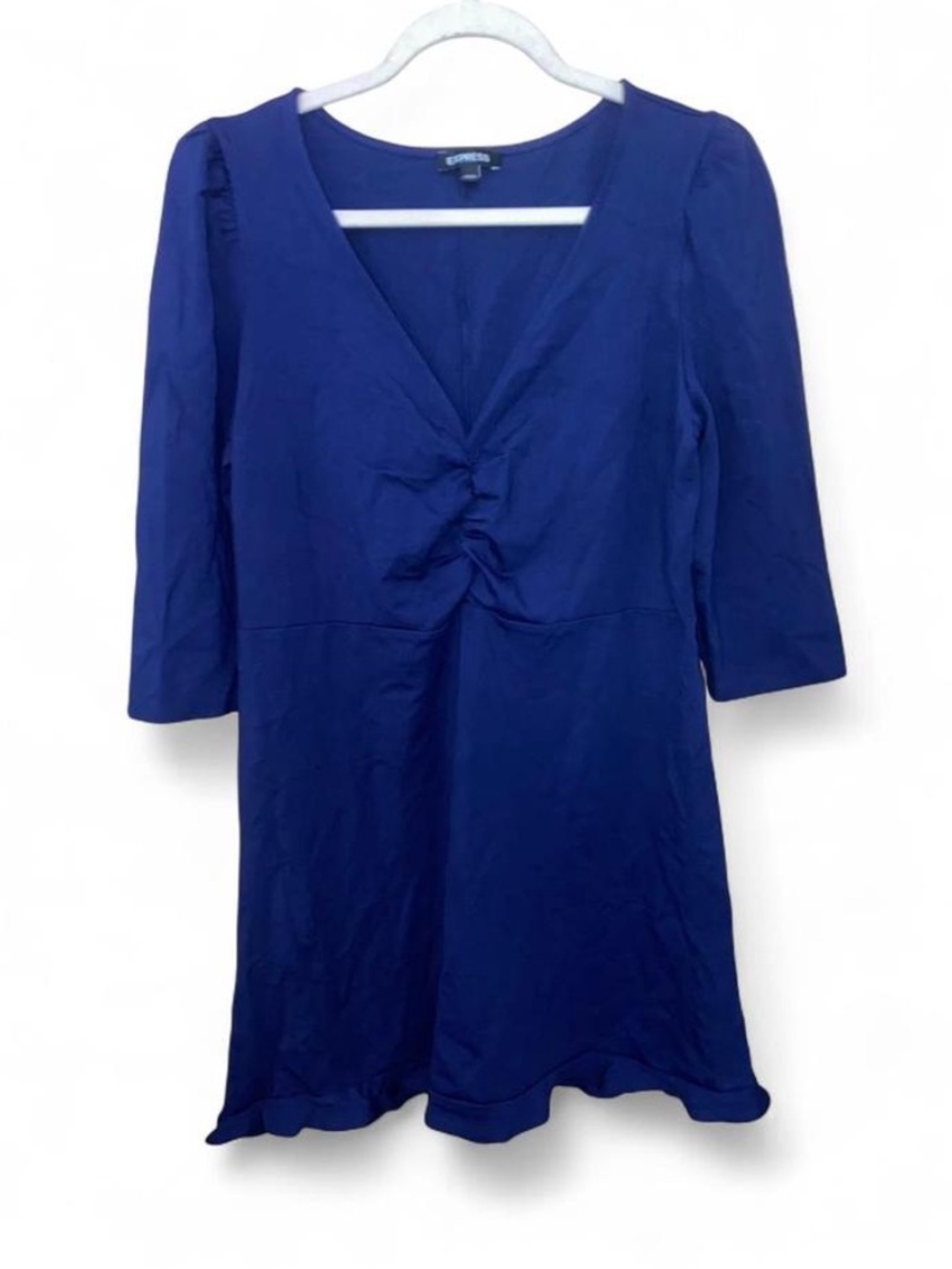 Express Blue Ruched Stretch Knit V Neck Fit and Flare Above Knee Dress Large